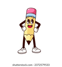 Groovy pencil character vector illustration. Cartoon isolated retro psychedelic cute sticker of confident mascot with arms akimbo and legs, comic funny face and happy smile, funky pencil for student