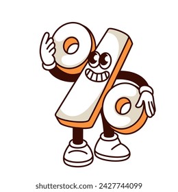 Groovy percent sign cartoon character with happy smile. Funny retro percent holding zeros, discount on sales and interest mascot, cartoon percentage sticker of 70s 80s style vector illustration