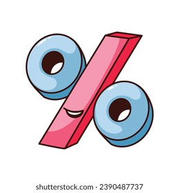 Groovy percentage character vector illustration. Cartoon isolated retro sticker of percent sign with smile, offer of bank loan interest and discount on sales, percentage of blue and red symbols