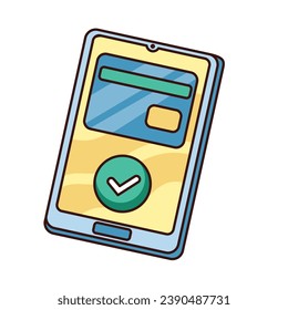 Groovy phone with credit card on screen vector illustration. Cartoon isolated retro sticker of online money payment in phone, mascot of bank mobile app for contactless transaction on shopping