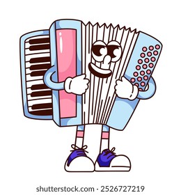 Groovy piano acordeón personaje de dibujos animados con sonrisa feliz. Divertido instrumento musical retro con teclado y Botones. Mascota de la música, etiqueta engomada del acordeón de la historieta de la Ilustración vectorial del estilo de los años 70 80