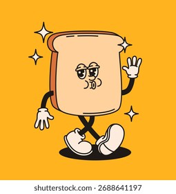 Trozo de pan con carácter en estilo retro. Ilustración vectorial plana.