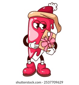 Groovy piece of cake cartoon character holding gift to give. Funny retro cake with red sauce and hat giving present. Christmas dessert mascot, cartoon sticker of 70s 80s style vector illustration