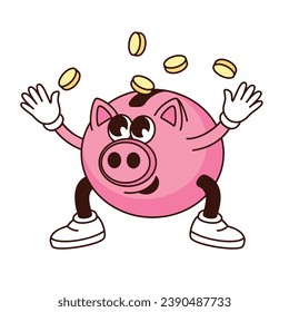 Groovy piggy Bank Charakter und Geld Münzen Vektorgrafik. Cartoon einzeln Retro-lustiger Aufkleber aus süßem Comic-Rosa-Jonglier mit Bargeld Gold-Geld, glücklicher, reicher Geldkasten mit Lächeln auf Gesicht