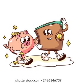 Groovy piggy bank and wallet cartoon characters full of money. Funny retro rich friends walking together. Wealth, money, winning lottery mascot, cartoon sticker of 70s 80s style vector illustration