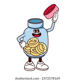 Groovy pill bottle character vector illustration. Cartoon isolated retro funky trippy sticker of tablets container with arms and legs, funny mascot holding cap to open and invite to psychedelic trip