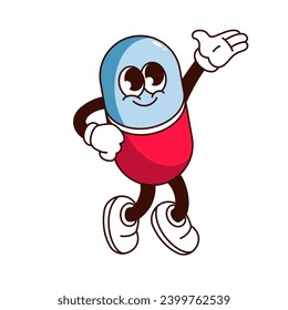 Groovy pill cartoon character with happy face. Funny capsule of vitamin, antibiotic or painkiller pill walking. Retro medicine and pharmacy cartoon mascot, sticker of 70s 80s vector illustration