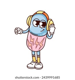 Groovy pill cartoon character listening to music with headphones. Funny retro red blue capsule filled with lightnings, mascot, cartoon happy medical pill sticker of 70s 80s style vector illustration