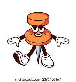 Groovy pin character vector illustration. Cartoon isolated retro school stationery sticker, funny thumbtack mascot with smile on face and needle, legs and arms, comic push pin for office board