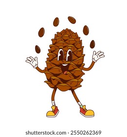 Personaje de cono de nuez de pino groovy con cara divertida en dibujos animados retro, emoji cómico de Vector. Funky cono de pino groovy haciendo malabares con semillas de nueces con feliz sonrisa tonta para personaje de dibujos animados retro psicodélico