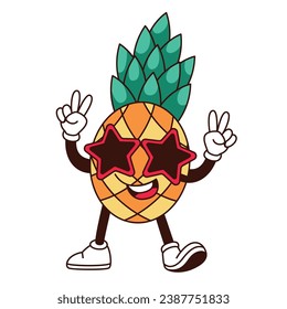 Groovy pineapple character in sunglasses vector illustration. Cartoon isolated retro quirky and positive emoji of cute happy tropical summer fruit with arms and legs, funky mascot on beach party