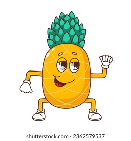 Groovy pineapple character vector illustration. Cartoon isolated Y2K retro tropical fruit sticker with comic strong pose of legs and arms, pineapple with green leaf, funky funny smile on ananas face