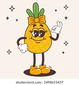 Groovy pineapple fruit character. Fruit in retro vintage trendy style. Modern illustration with cute comics characters. Funny vector mascot. 60 -70s vibes sticker.