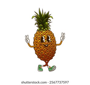 Groovy pineapple fruit retro cartoon character with funky smile, vector emoji. Groovy pineapple with silly face and hippie peace sign gesture, funny fruit food character and retro cartoon personage