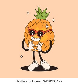 Groovy pineapple mascot. Funky retro character. cartoon pineapple, smiling. Funny vintage trendy style character. Doodle Comic collection