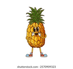 Groovy pineapple, retro cartoon fruit character with funny face and silly smile, vector comic. Groovy pineapple tropical fruit with shy, yummy or surprised face expression in retro cartoon art