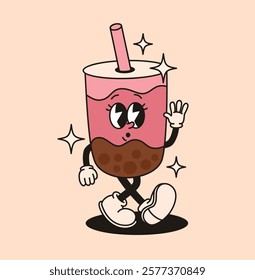 Groovy pink character bubble milk tea. Flat vector illustration.