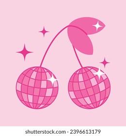 Groovy pink cherries of mirrored disco balls with a leaf and highlights. Disco mirror ball for holiday, party and fun in retro funky stile.