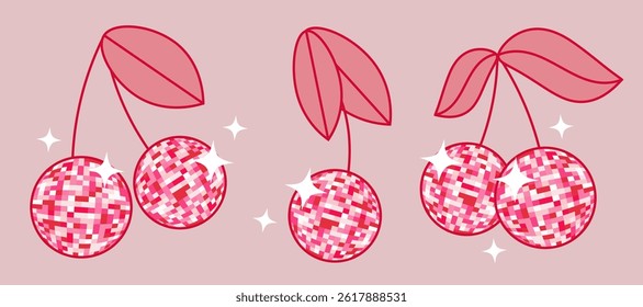 Groovy pink cherry disco ball set. Retro mirror balls with a leaf and highlight stars. Funky style vector icon collection