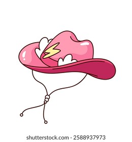 Groovy pink cowgirl hat with lightning cartoon badge and string. Funny retro hat in country style for head of American cowboy feminist. Feminism mascot, cartoon sticker of 70s 80s vector illustration