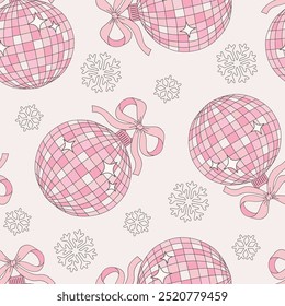 Groovy pink disco Xmas ball vector seamless pattern. Coquette Christmas background.