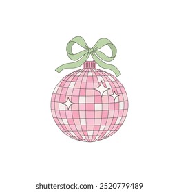 Groovy pink disco Xmas ball vector clip-art set isolated on white. Coquette Christmas illustration