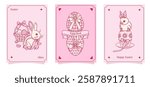 Groovy pink Easter eggs ornated with hearts dots stars flowers vector illustration set isolated on white. Hand drawn linear happy Easter holiday print poster postcard themed graphics.