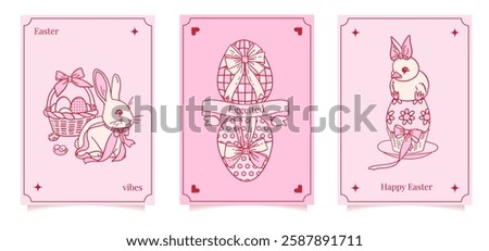 Groovy pink Easter eggs ornated with hearts dots stars flowers vector illustration set isolated on white. Hand drawn linear happy Easter holiday print poster postcard themed graphics.