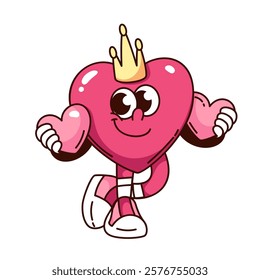 Groovy pink heart cartoon character with little hearts and gold crown. Funny retro symbol of love with smile on cute face. Feminism, hippy mascot, cartoon sticker of 70s 80s style vector illustration