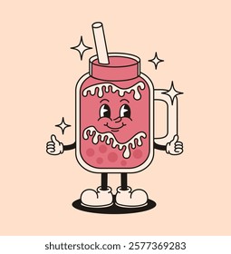 Groovy pink retro character bubble tea. Flat vector illustration.