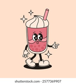 Groovy pink retro character bubble milk tea. Flat vector illustration.