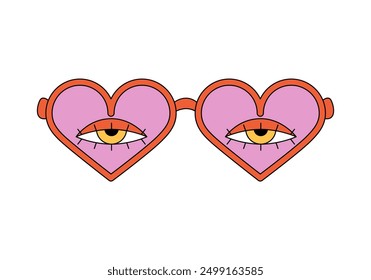 Groovy pink sunglasses with frames in shape of hearts and open eyes on glass vector illustration