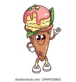 Groovy pistachio ice cream cartoon character waving with hand up. Funny retro sundae with waffle cone, pink syrup. Sweet ice summer dessert mascot, cartoon sticker of 70s 80s style vector illustration