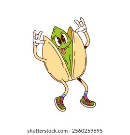 Groovy pistachio nut character features teasing expression, wearing sneakers, and striking a playful pose. Isolated cartoon vector food personage with quirky and cheerful face, conveying funky vibe