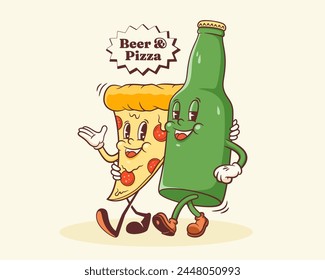 Groovy Pizza and Beer Retro Characters Label. Cartoon Slice and Bottle Walking Smiling Vector Food Mascot Template. Happy Vintage Cool Fast Food Illustration with Typography. Isolated