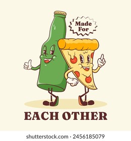 Groovy Pizza and Beer Retro Characters Label. Cartoon Slice and Bottle Walking Smiling Vector Food Mascot Template. Happy Vintage Cool Fast Food Illustration with Typography. Isolated
