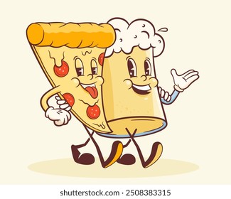 Groovy Pizza and Beer Retro Characters Label. Cartoon Slice and Beverage Glass Mug Walking Smiling Vector Food Mascot Template. Happy Vintage Cool Fast Food Illustration with Typography. Isolated