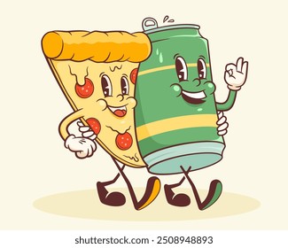 Groovy Pizza e Beer Retro Caracteres Etiqueta. Fatia de Desenho Animado e Bebidas Podem Andar Sorrindo Vetor Comida Mascote Modelo. Feliz Vintage legal Fast food ilustração com tipografia. Isolado