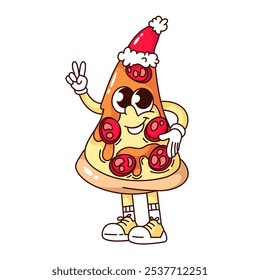 Groovy pizza cartoon character with Santa hat and V fingers. Funny retro funky pizza triangle with hippie peace sign. Christmas food mascot, cartoon sticker of 70s 80s style vector illustration