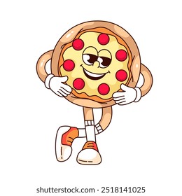 Personagem de desenho animado de pizza Groovy de pé em pose confiante com sorriso. Engraçado pizza retro com pepperoni em queijo, crosta e tênis. Mascote fast food, etiqueta de desenho animado de ilustração vetorial dos anos 70 e 80