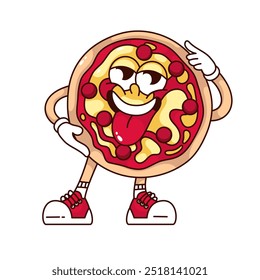 Groovy pizza cartoon character with tongue hanging out. Funny retro delicious whole round pizza for group of friends. Fast food party mascot, cartoon sticker of 70s 80s style vector illustration