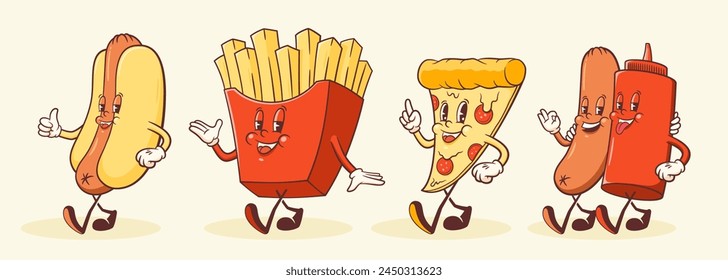 Groovy Pizza, Hotdog and French Fries Characters Illustration. Retro Cartoon Fast Food Mascot Walking Smiling Vector Set. Happy Snacks Vintage Rubber Hose Style Drawings Collection