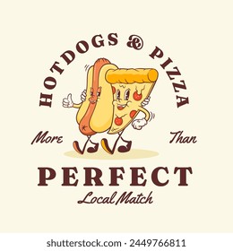 Groovy Pizza and Hotdog Retro Characters Label Template. Cartoon Food Slice and Wiener Sausage with Bun Walking and Smiling. Vector Fast Food Mascot Emblem Template Vintage Sign Illustration Isolated