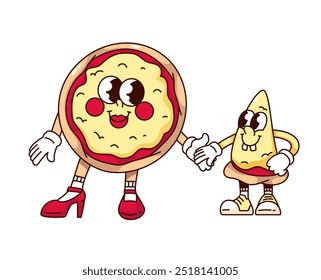 Groovy pizzaria mãe e criança fatia personagens de desenhos animados. Engraçado retro italiano fast food família de pé juntos de mãos dadas. Mascote de pizzaria funky, adesivo de desenho animado de estilo 70s 80s ilustração vetorial