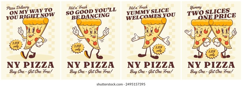 Groovy Pizza Retro Character Posters Set. Cartoon Food Slice Walking and Smiling. Vector Fast Food Delivery Mascot Templates Collection. Happy Vintage Cool Illustrations. Isolated