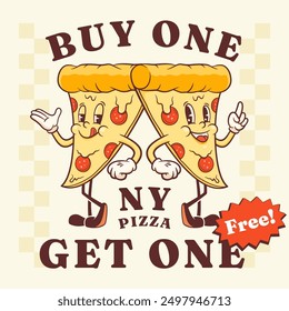 Groovy Pizza Retro Characters Card. Cartoon Food Slice Walking and Smiling. Vector Fast Food Mascot Template. Happy Vintage Cool Illustration. Isolated