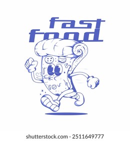 Groovy pizza Retro Characters Label. Cartoon running pizza Vector Food Mascot Logo Template. Happy Vintage Cool Fast Food Illustration.