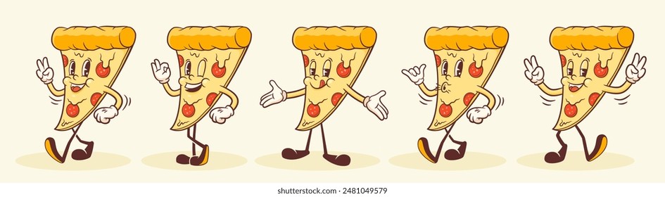 Groovy Pizza Retro Characters Set. Cartoon Food Slice Walking and Smiling. Vector Fastfood Mascot Templates Collection. Happy Vintage Fast Food Cool Illustrations. Isolated