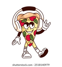 Personaje de dibujos animados de rebanada de pizza Groovy en auriculares para escuchar música rock. Divertida pieza de pizza retro con gesto de cuerno. Partido, mascota de comida rápida, etiqueta engomada de la historieta de la Ilustración vectorial del estilo de los años 70 80