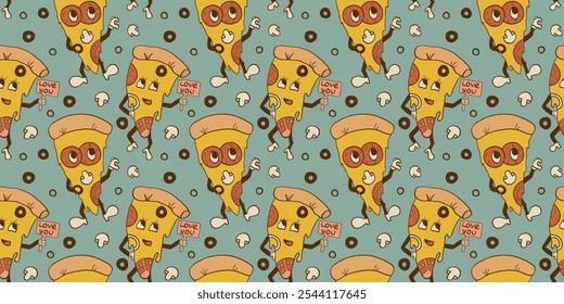 Groovy pizza slice seamless pattern. Funny retro hippy background texture